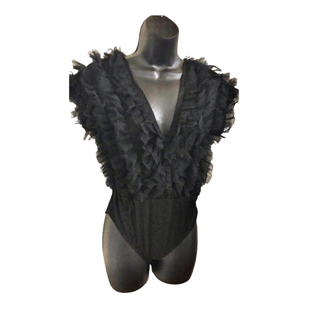 Ruffled Chiffon tulle plunge front black bodysuit size medium brand new - Picture 15 of 16